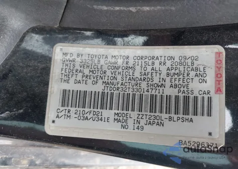 2003 Toyota Celica from USA, damaged, VIN JTDDR32T330147711